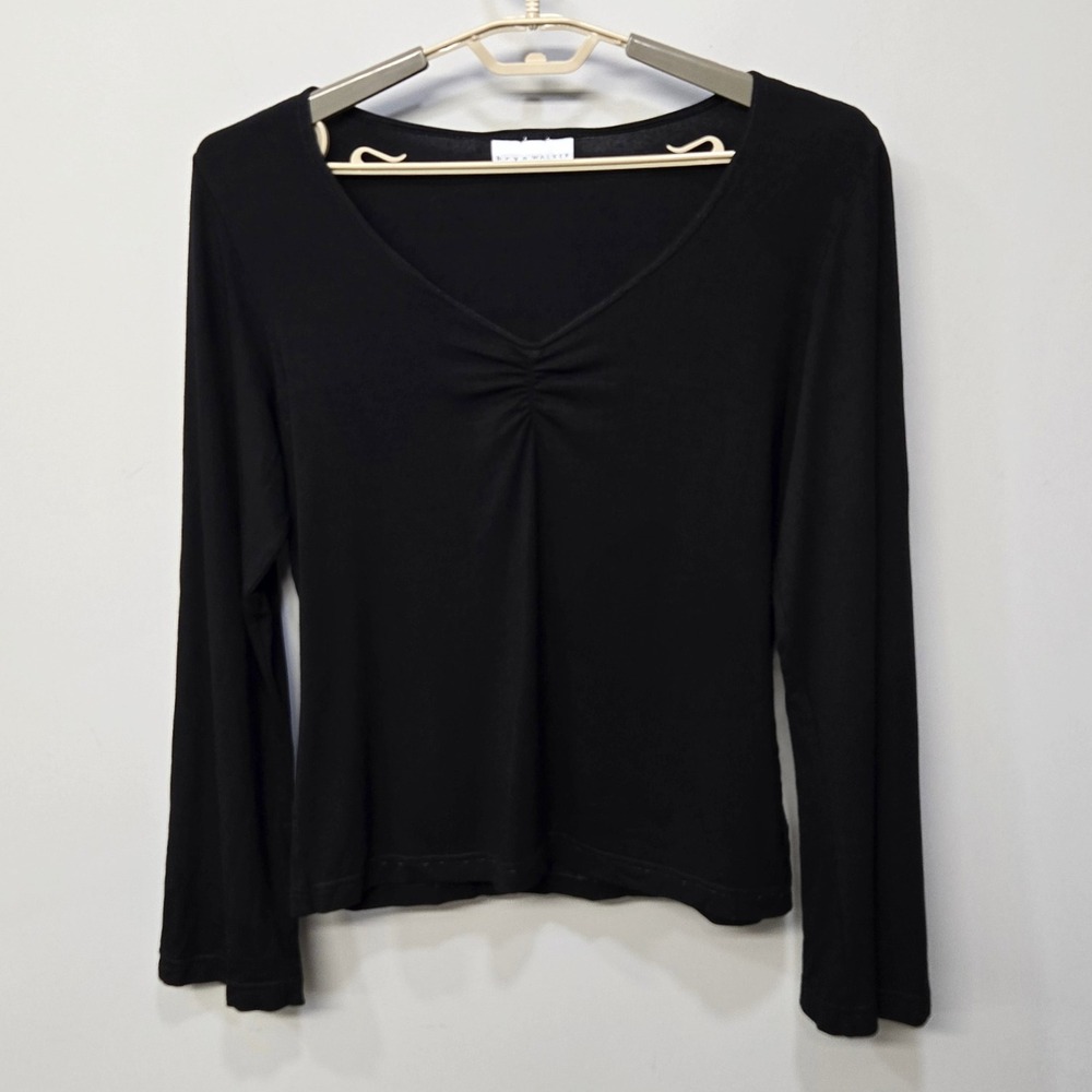 Bryn Walker Shirt Top Small Black Ruched V Neck Long‎ Sleeve Stretch Minimalist
